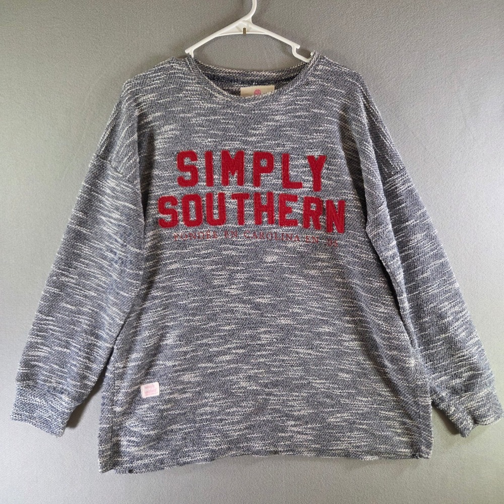 Simply Southern Terry Pullover Sweater Navy Blue Red Graphic Logo Coastal Size L